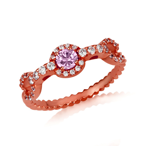 Rose Gold Round Gemstone & Diamond Halo Circle Chain Link Roped Ring