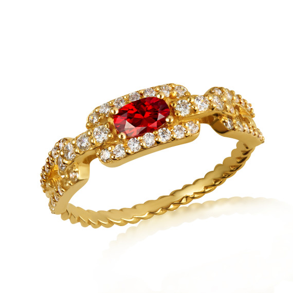 Gold Sideways Oval Garnet Gemstone & Diamond Halo Chain Link Roped Ring