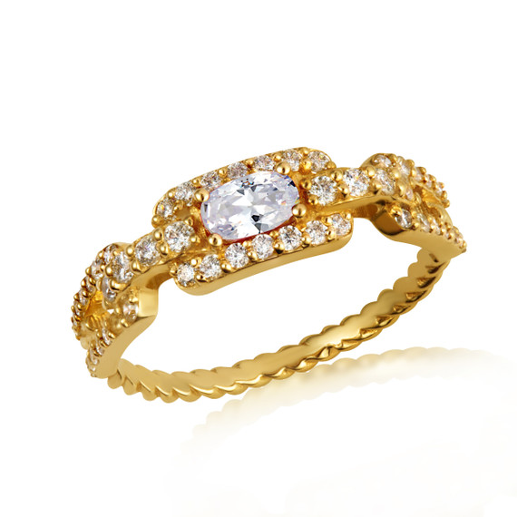 Gold Sideways Oval White Topaz Gemstone & Diamond Halo Chain Link Roped Ring