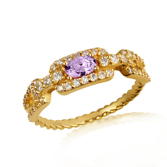 Gold Sideways Oval Gemstone & Diamond Halo Chain Link Roped Ring