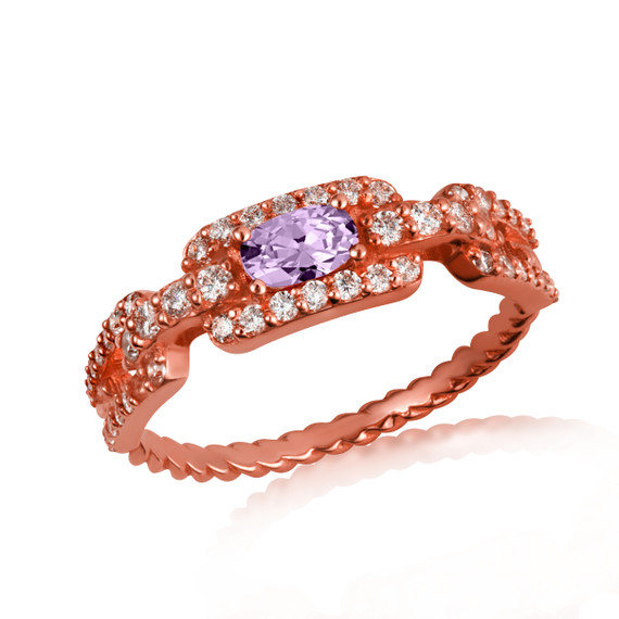 Rose Gold Sideways Oval Gemstone & Diamond Halo Chain Link Roped Ring