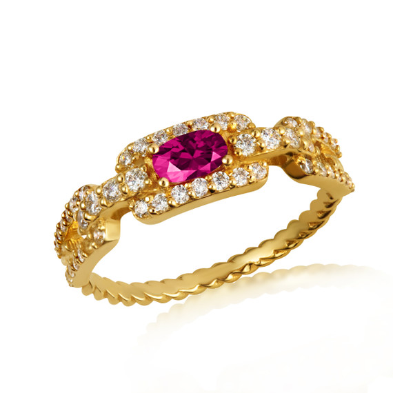 Gold Sideways Oval Ruby Gemstone & Diamond Halo Chain Link Roped Ring