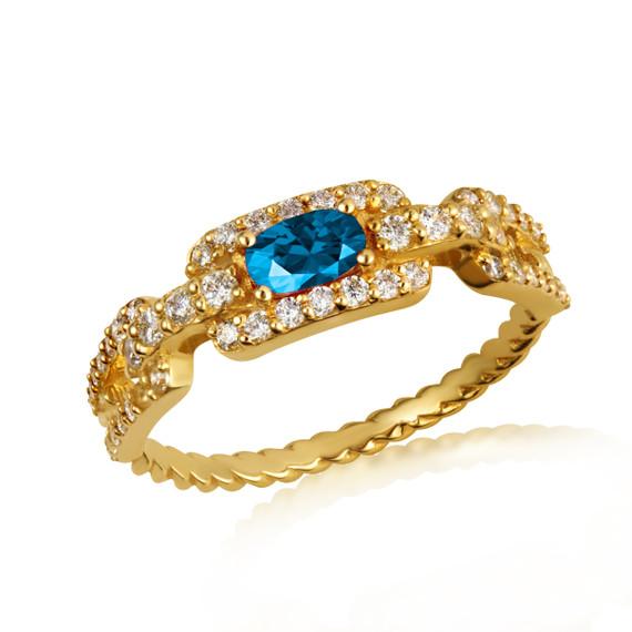 Gold Sideways Oval Blue Topaz Gemstone & Diamond Halo Chain Link Roped Ring