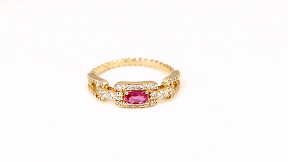 Gold Sideways Oval Gemstone & Diamond Halo Chain Link Roped Ring 5.3 mm (Available in Yellow /Rose/White Gold)