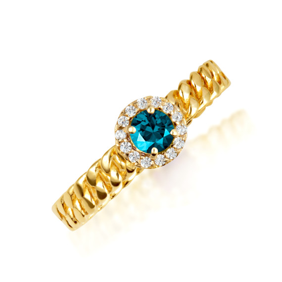 Gold Sideways Round Blue Topaz Gemstone & Diamond Halo Cuban Chain Link Ring