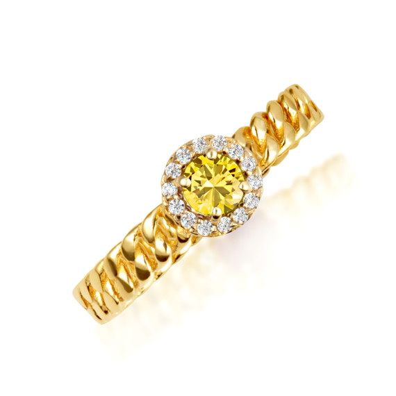 Gold Sideways Round Peridot Gemstone & Diamond Halo Cuban Chain Link Ring