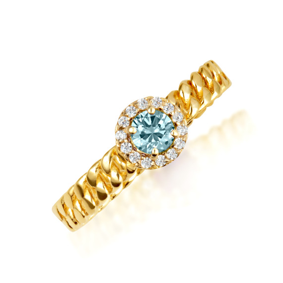 Gold Sideways Round Aquamarine Gemstone & Diamond Halo Cuban Chain Link Ring