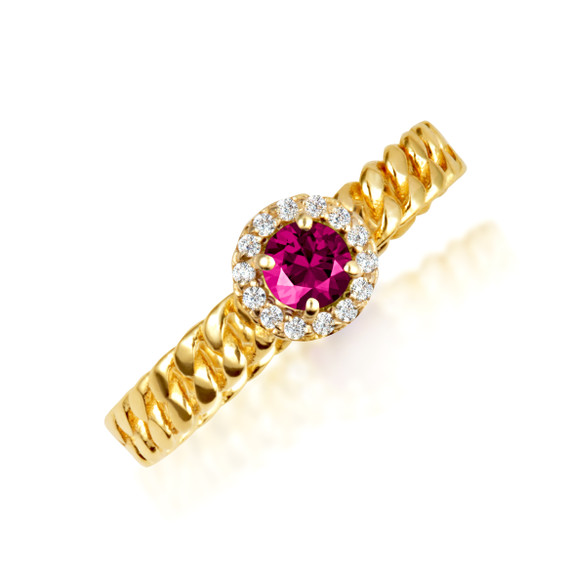 Gold Sideways Round Ruby Gemstone & Diamond Halo Cuban Chain Link Ring