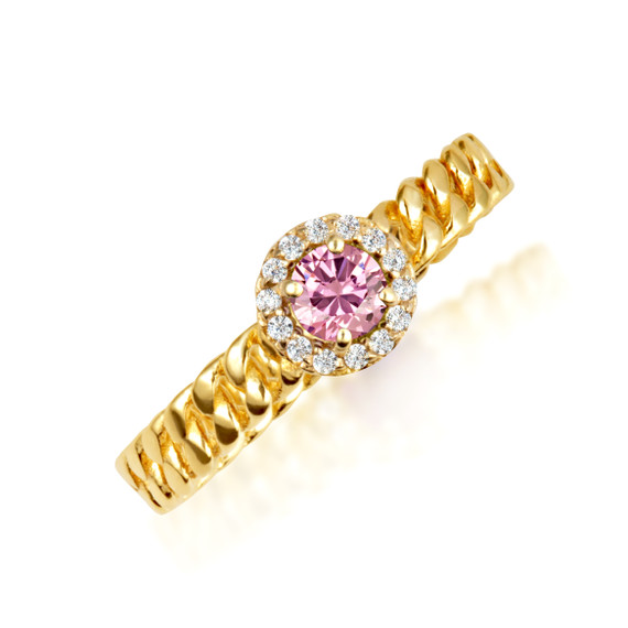 Gold Sideways Round Pink CZ Gemstone & Diamond Halo Cuban Chain Link Ring