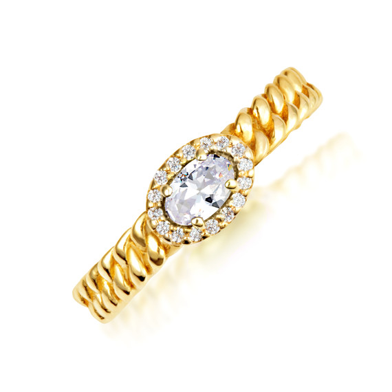 Gold Oval White Topaz Gemstone & Diamond Halo Cuban Chain Link Ring