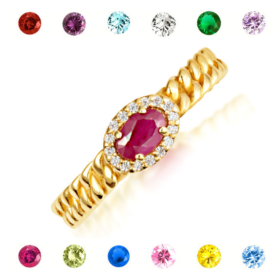 Gold Oval Gemstone & Diamond Halo Cuban Chain Link Ring