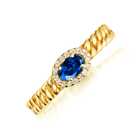 Gold Oval Sapphire  Gemstone & Diamond Halo Cuban Chain Link Ring