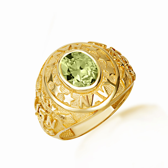 Yellow Gold United States Navy Peridot Cubic Zirconia Birthstone Officially Licensed Men's Ring