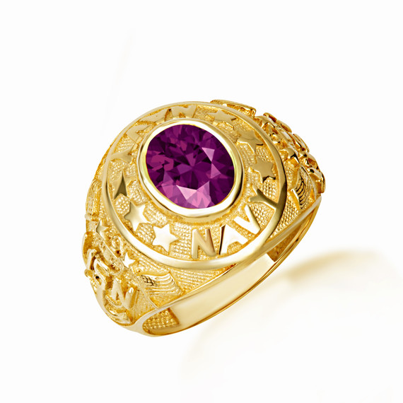 Yellow Gold United States Navy Ametyst Cubic Zirconia Birthstone Officially Licensed Men's Ring