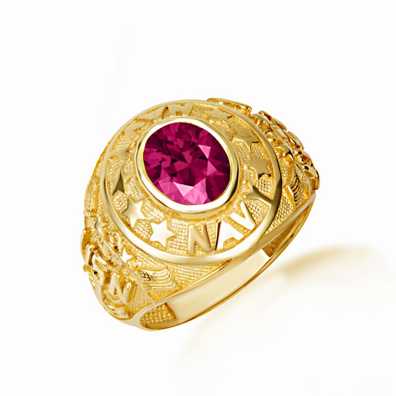 Yellow Gold United States Navy Ruby Cubic Zirconia Birthstone Officially Licensed Men's Ring