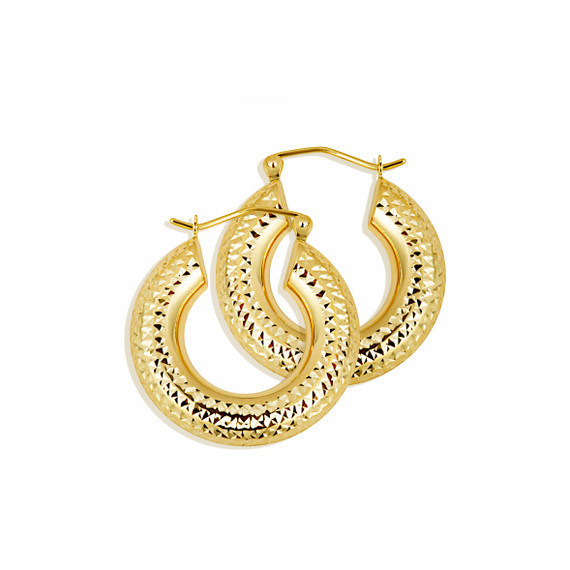 14K Yellow Gold Reversible Cut Textured Tube Huggie Hoop Earrings