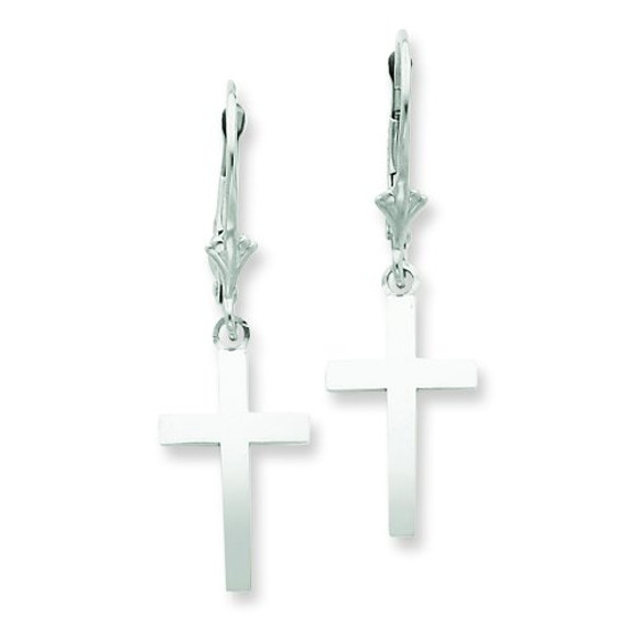 14k White Gold Dangle Cross Leverback Earrings