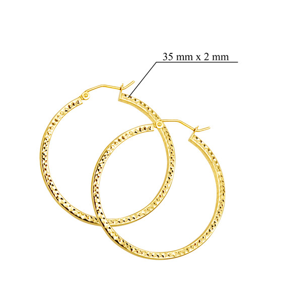 14K Yellow Gold Textured Cut Hoop Reversible Earrings with measurements