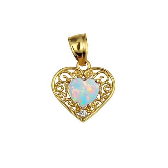 Gold Filigree Heart Cut White Stone Pendant Necklace (Available in Yellow/Rose/White Gold)