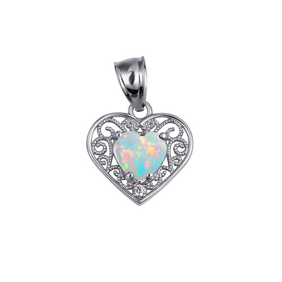 .925 Sterling Silver Filigree Heart Cut White Stone Pendant Necklace