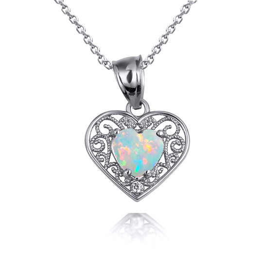 .925 Sterling Silver Filigree Heart Cut White Stone Pendant Necklace