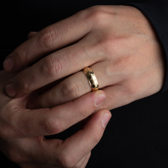Gold Unisex Nugget Eternity Wedding Band Ring Set on male model