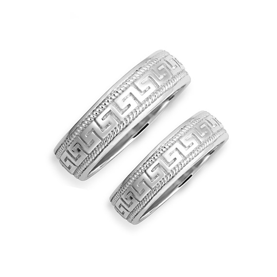 White Gold Unisex Greek Key Eternity Wedding Band Ring Set