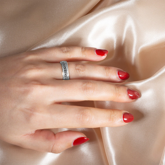 .925 Sterling Silver Unisex Greek Key Eternity Wedding Band Ring Set on female model