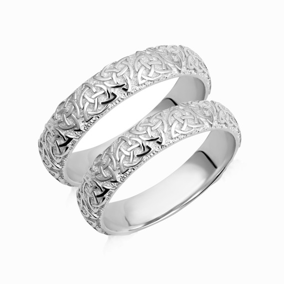 .925 Sterling Silver Unisex Textured Irish Celtic Trinity Knot Eternity Wedding Band Ring Set