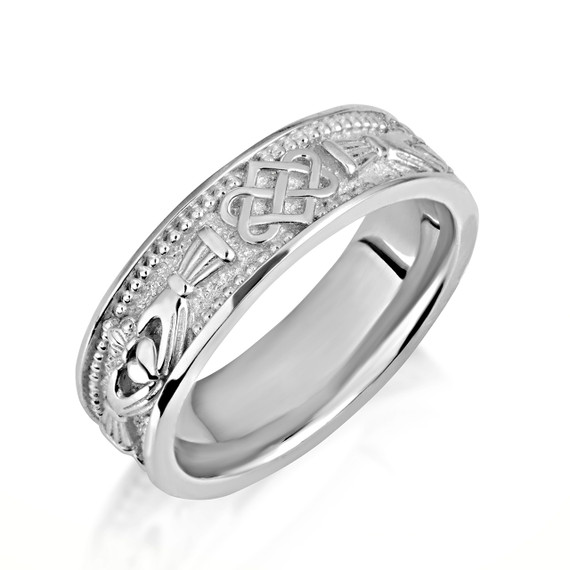 White Gold Unisex Beaded Irish Celtic Claddagh Heart Trinity Love Knot Wedding Band Ring