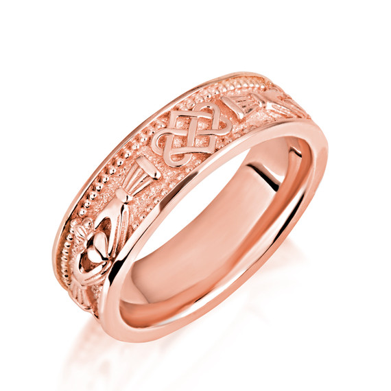 Rose Gold Unisex Beaded Irish Celtic Claddagh Heart Trinity Love Knot Wedding Band Ring