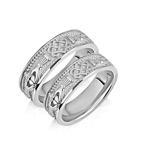 White Gold Unisex Beaded Irish Celtic Claddagh Heart Trinity Love Knot Wedding Band Ring Set