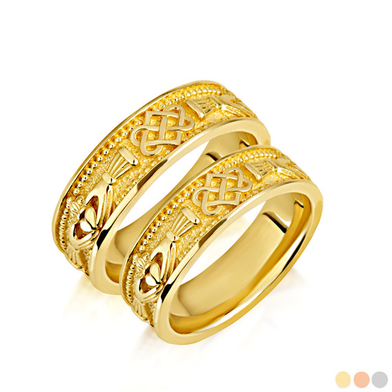 Gold Unisex Beaded Irish Celtic Claddagh Heart Trinity Love Knot Wedding Band Ring Set
