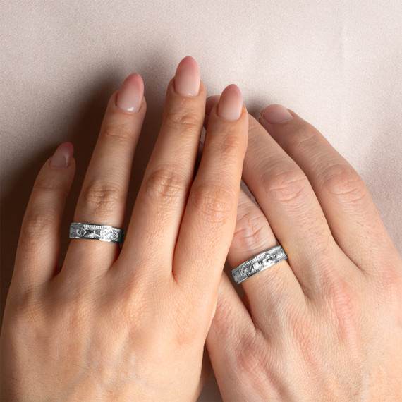 .925 Sterling Silver Milgrain Irish Celtic Claddagh Trinity Knot Heart Crown Unisex Band Ring Set on male and female model