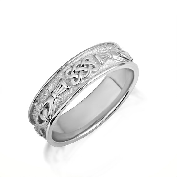 White Gold Irish Celtic Claddagh Trinity Love Knot Unisex Band Ring