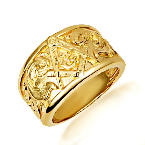 Gold Freemason Square & Compass Filigree Band Ring