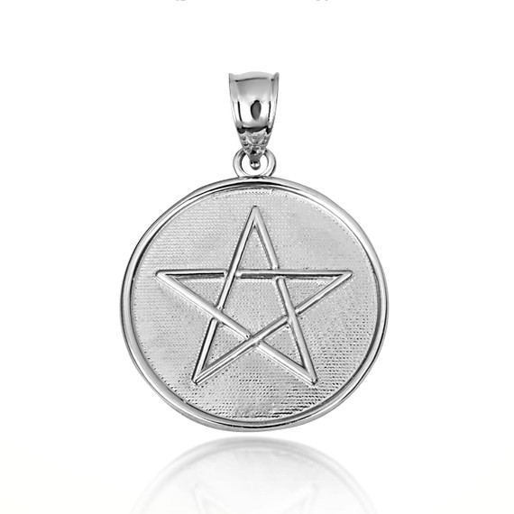 White Gold Spiritual Wiccan Pentagram 5 Point Star Medallion Pendant