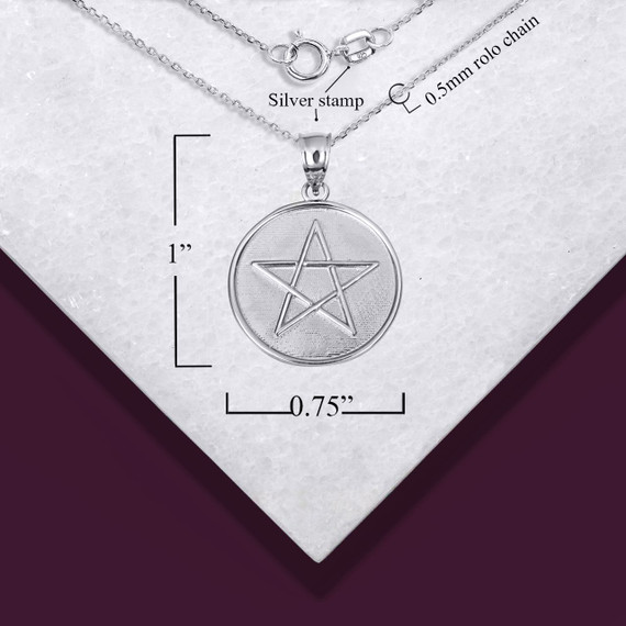 .925 Sterling Silver Spiritual Wiccan Pentagram 5 Point Star Medallion Pendant Necklace with measurements