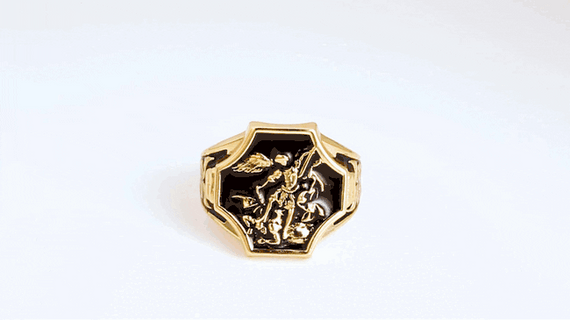 Yellow Gold Black Onyx Enamel Saint Michael Archangel Crest Signet Ring video