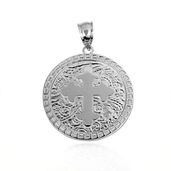 White Gold Eastern Orthodox Botonée Budded Cross Medallion Pendant