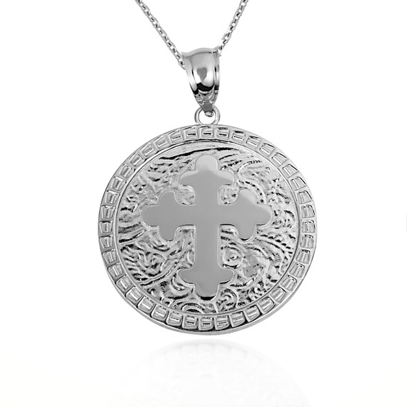 .925 Sterling Silver Eastern Orthodox Botonée Budded Cross Medallion Pendant Necklace