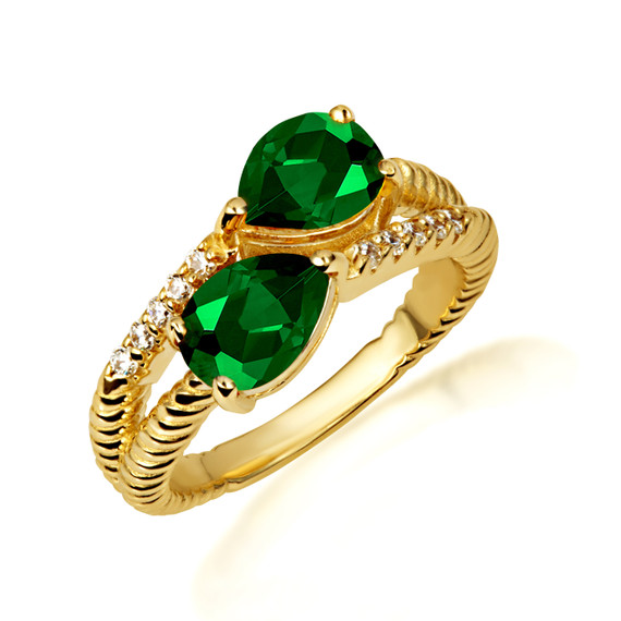 Gold 5 Cut Emerald Gemstone Wrap Around Roped Band Ring