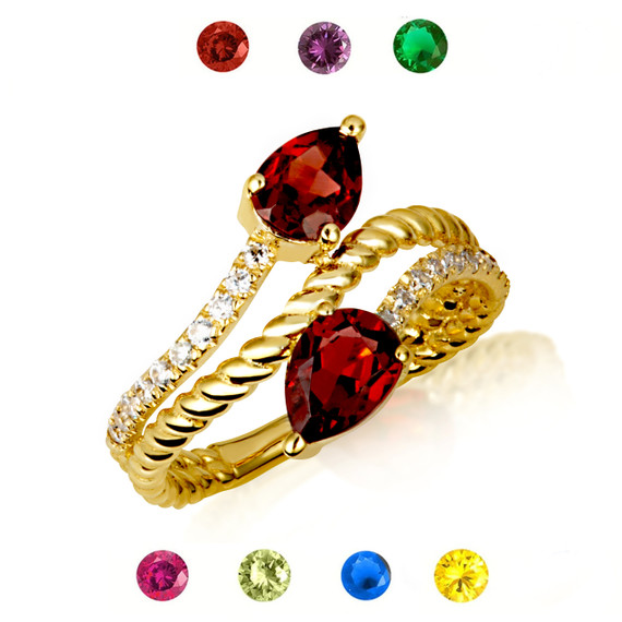 Gold Pear Cut Double Gemstone Wrap Around Roped Band Ring