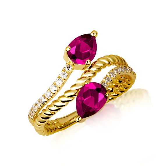 Gold Pear Cut Double Ruby Gemstone Wrap Around Roped Band Ring