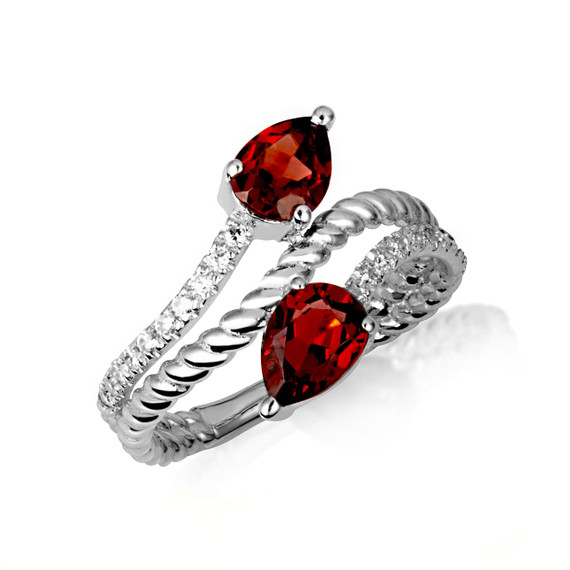 .925 Sterling Silver Pear Cut Double Garnet Gemstone Wrap Around Roped Band Ring