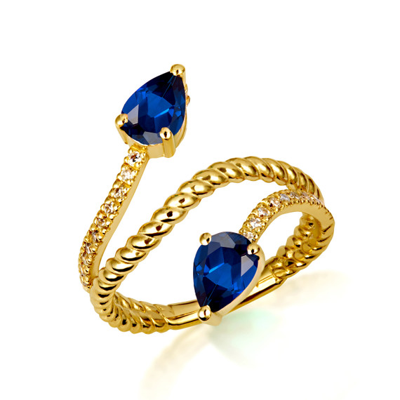 Gold Pear Cut Double Sapphire Gemstone Wrap Around Rope Band Ring