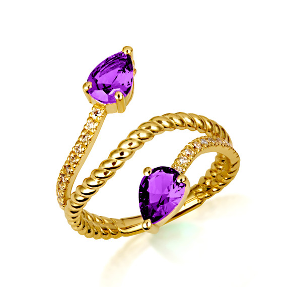 Gold Pear Cut Double Amethyst Gemstone Wrap Around Rope Band Ring