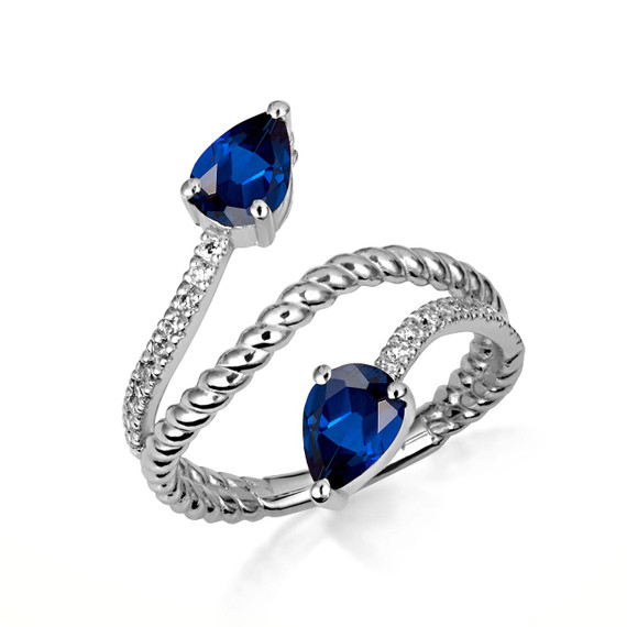 .925 Sterling Silver Pear Cut Double Sapphire Gemstone Wrap Around Rope Band Ring