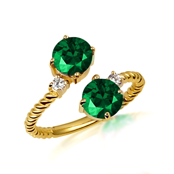 Gold Round Double Emerald Gemstone Wrap Around Roped Band Ring