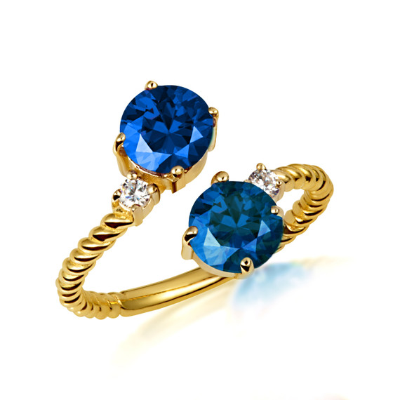 Gold Round Double Sapphire Gemstone Wrap Around Roped Band Ring